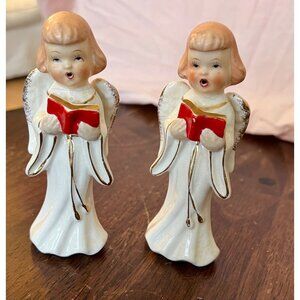 Vintage Ceramic Angel Figurines Singing With Red Books Japan 5”  Tall
